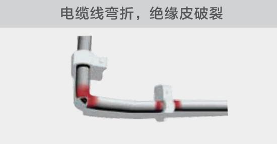 在安裝過程中，由于電線的彎曲半徑過小，或是線夾過緊，導致線纜絕緣皮破裂，產(chǎn)生電弧隱患